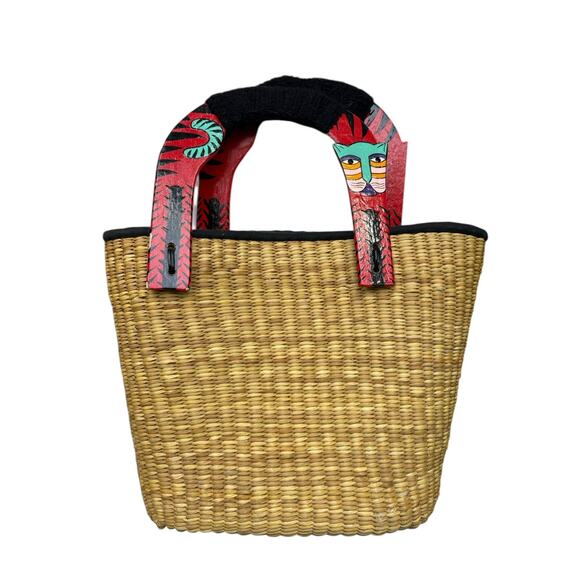 Wooden Handle Straw Basket Bag Purse Tote Hand Painted Cats - Picture 3 of 9